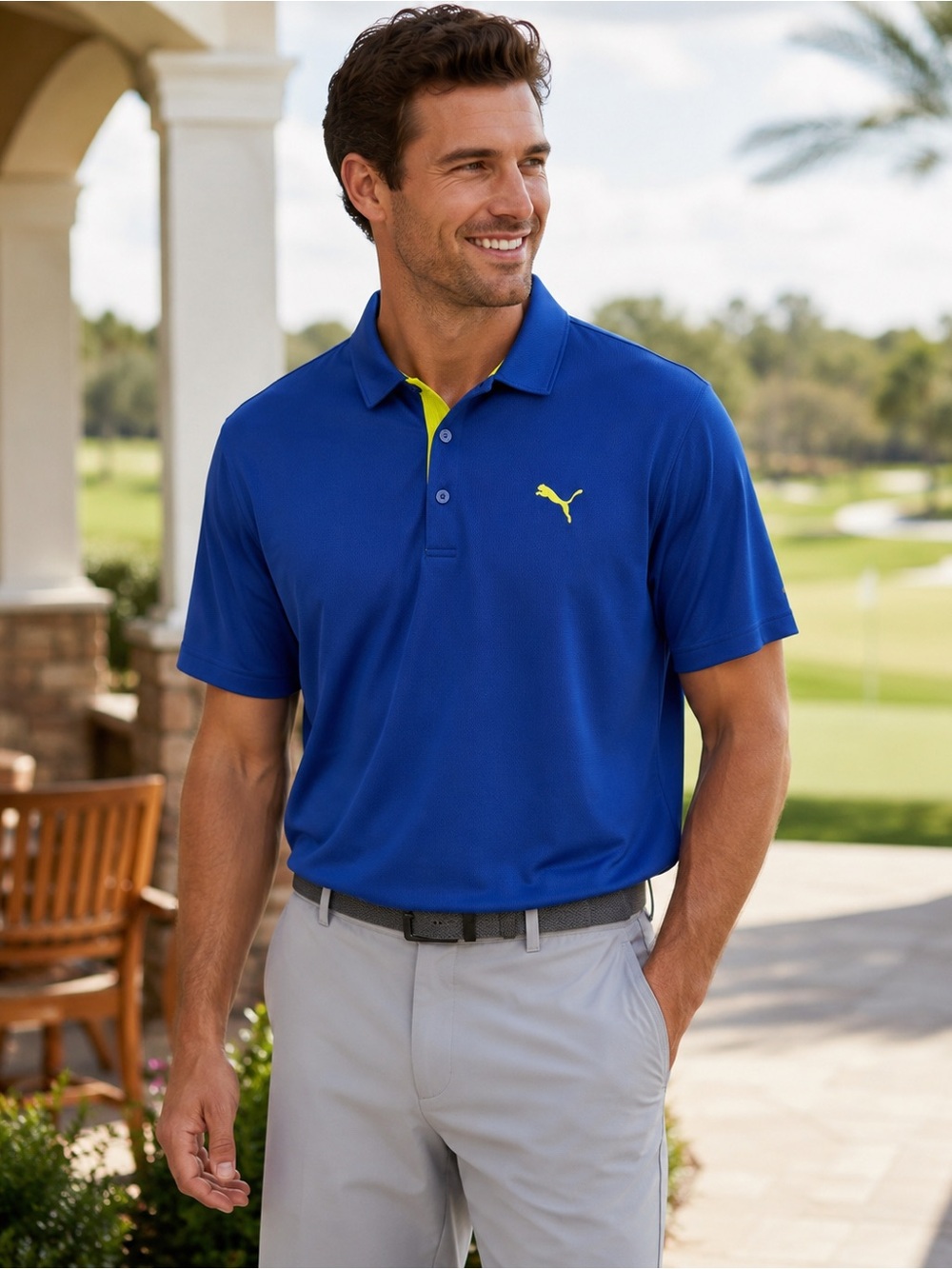 Puma Men's Blue Polo with Yellow Accents